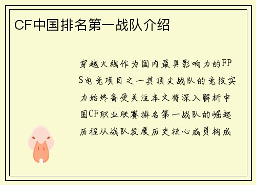 CF中国排名第一战队介绍