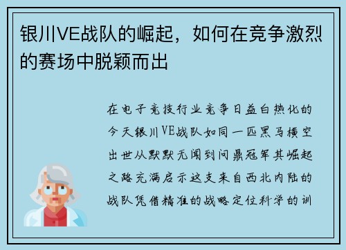 银川VE战队的崛起，如何在竞争激烈的赛场中脱颖而出