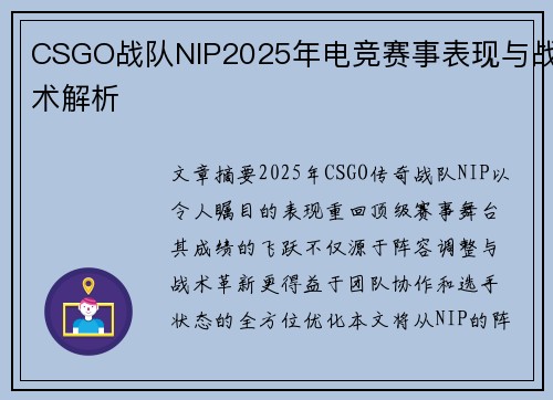 CSGO战队NIP2025年电竞赛事表现与战术解析